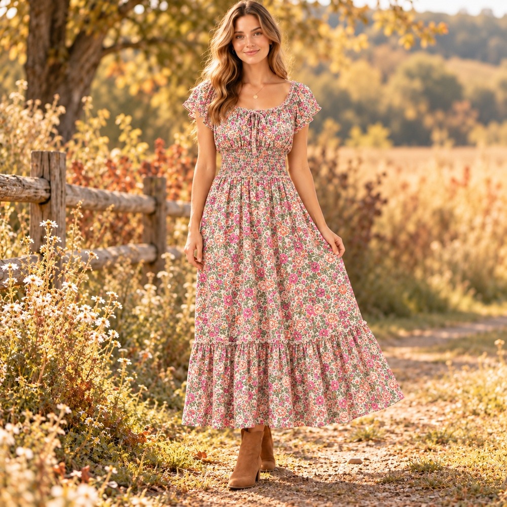 Old Navy Womens L Maxi Dress Pink Floral Smocked Waist Tiered Boho Cottagecore